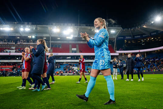 Goalkeeper Aurora Mikalsen of Norway celebrates