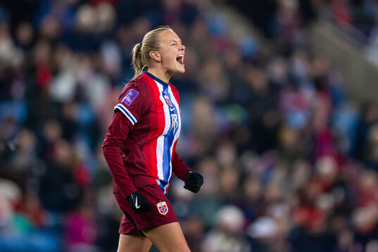 Frida Maanum of Norway celebrates scoring 5-0