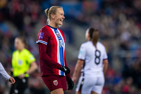 Frida Maanum of Norway celebrates scoring 6-0