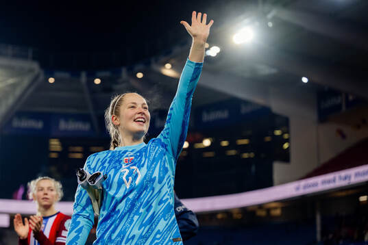 Goalkeeper Aurora Mikalsen of Norway celebrates