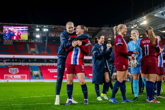 Ada Hegerberg and Elisabeth Terland of Norway celebrate