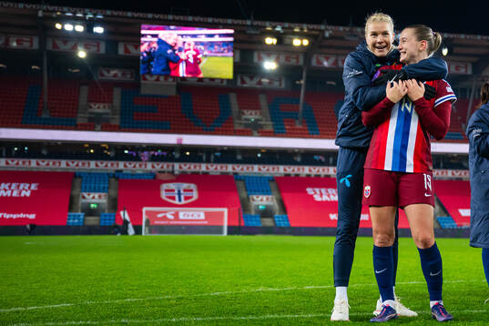 Ada Hegerberg and Elisabeth Terland of Norway celebrate