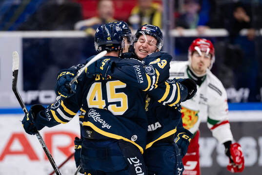 Södertäljes Sebastian Dyk och Egor Polin jublar