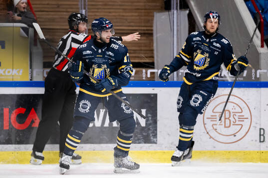Södertäljes Amil Krupic och Viktor Liljegren jublar