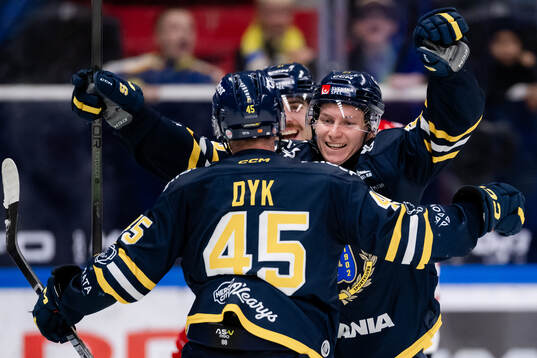 Södertäljes Sebastian Dyk och Egor Polin jublar