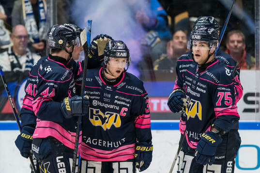 HV71s Olle Alsing jublar och Radan Lenc