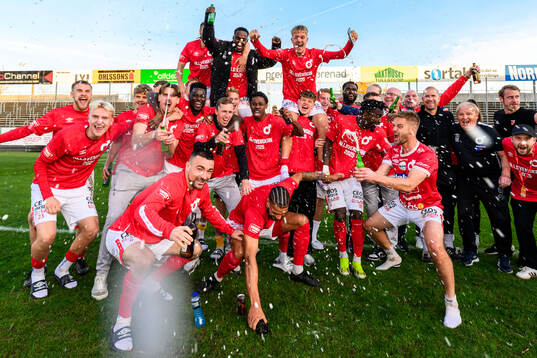Degerfors spelare jublar över avancemanget till Allsvenskan