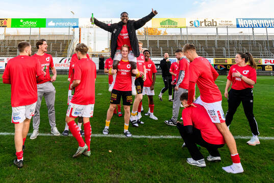 Degerfors spelare jublar över avancemanget till Allsvenskan