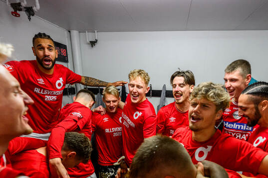 Degerfors spelare jublar över avancemanget till Allsvenskan