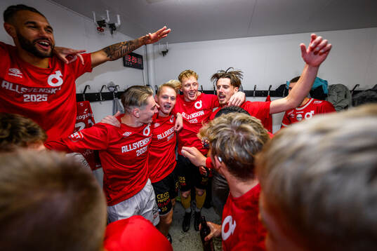 Degerfors spelare jublar över avancemanget till Allsvenskan