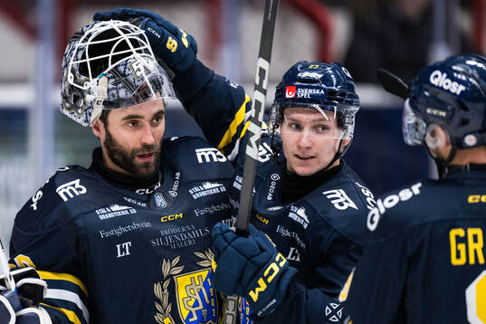 Södertäljes målvakt Frans Tuohimaa och Egor Polin jublar