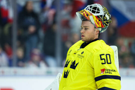 Goaltender Erik Källgren of Sweden looks dejected