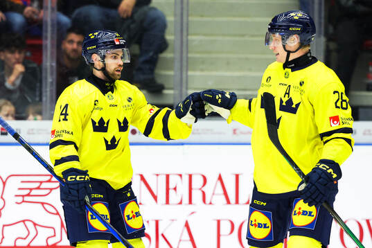 Oskar Lang of Sweden celebrates with Anton Bengtsson