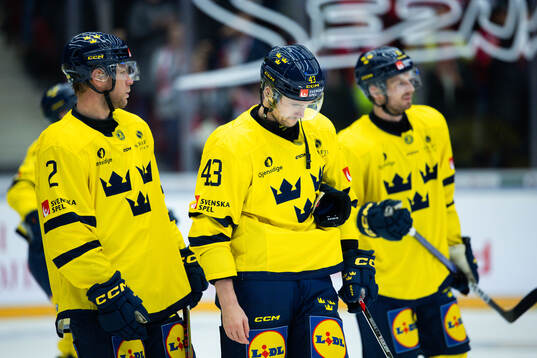 Christian Folin and Filip Berglund of Sweden look dejected
