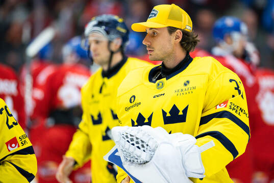 Goaltender Jacob Johansson of Sweden looks dejected
