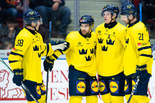 Oskar Lang of Sweden celebrates with Jesper Sellgren, Anton