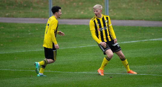 IFK Hässleholms Linus Roslund har gjort 1-0 och jublar i