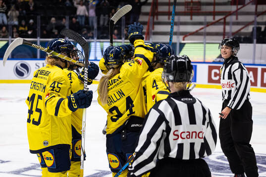 Players from Sweden embrace