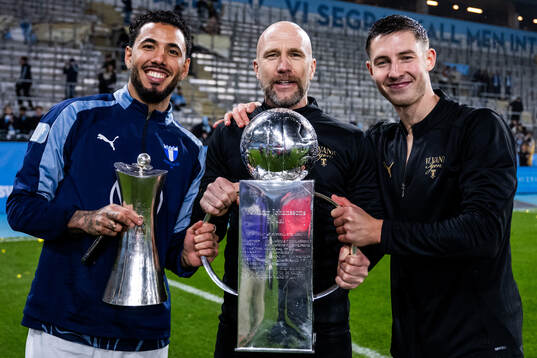 Malmö FFs Sergio Pena, tränare Henrik Rydström och Lasse