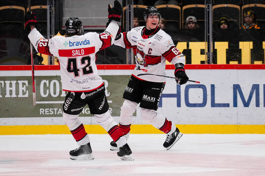 Malmö Redhawks Robin Salo och Fredrik Händemark jublar