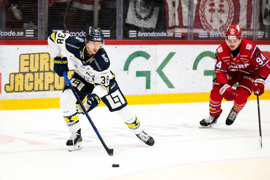 HV71s Olle Alsing och Timrås Sebastian Hartmann