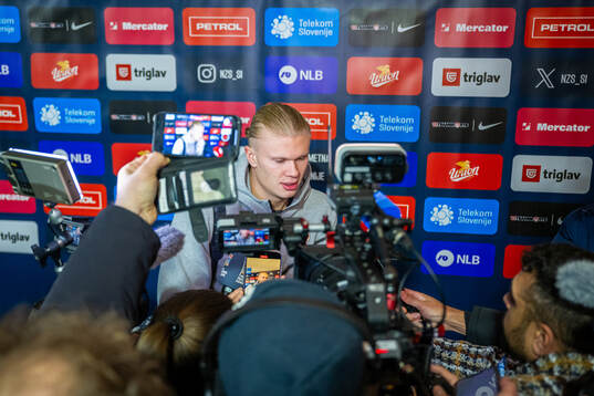 Erling Braut Haaland of Norway talks to media