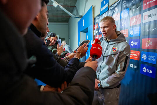 Erling Braut Haaland of Norway talks to media