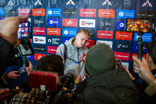 Erling Braut Haaland of Norway talks to media
