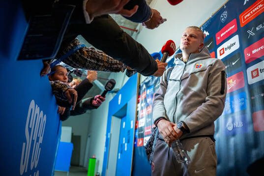 Erling Braut Haaland of Norway talks to media