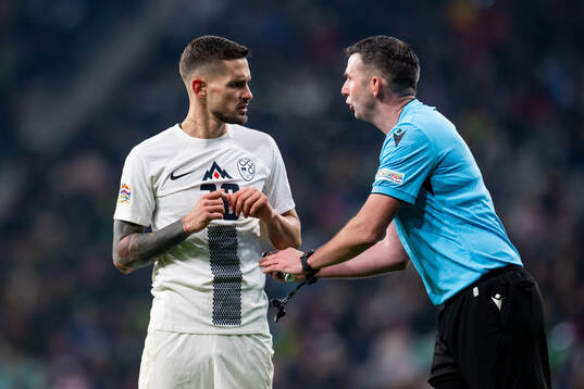 Petar Stojanovic of Slovenia and referee Michael Oliver