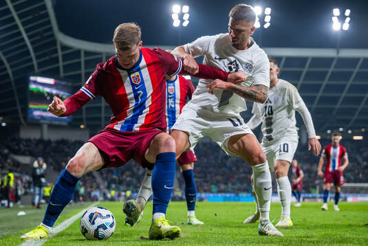 Alexander Sørloth of Norway and Jan Mlakar of Slovenia