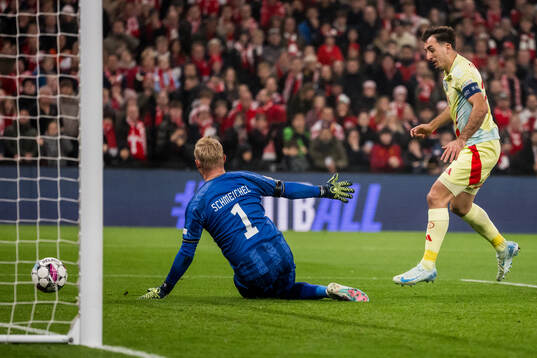 Mikel Oyarzabal of Spain scores 0-1 behind Kasper