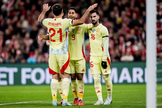 Ayoze Perez, Mikel Oyarzabal, and Alex Baena of Spain