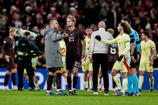 Christian Eriksen and Morten Hjulmand of Denmark