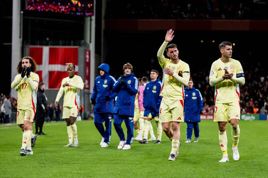 Aymeric Laporte and Alvaro Morata of Spain