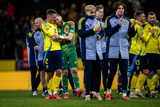 Emil Holm and goalkeeper Viktor Johansson of Sweden