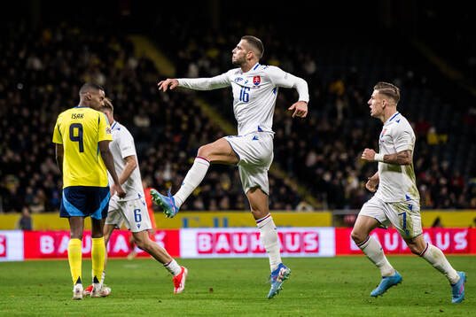 David Hancko of Slovakia celebrates scoring 1-1