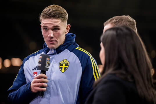 Viktor Gyökeres of Sweden in the Viaplay studio