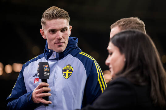 Viktor Gyökeres of Sweden in the Viaplay studio