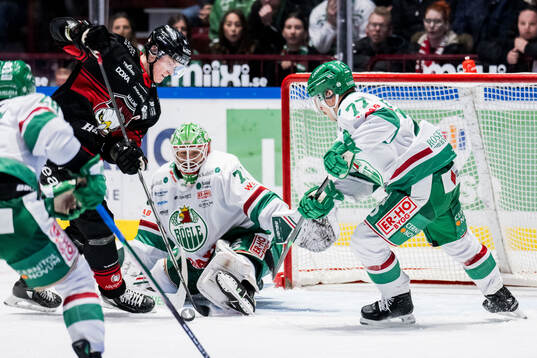 Malmö Redhawks Fredrik Händemark och Rögles målvakt