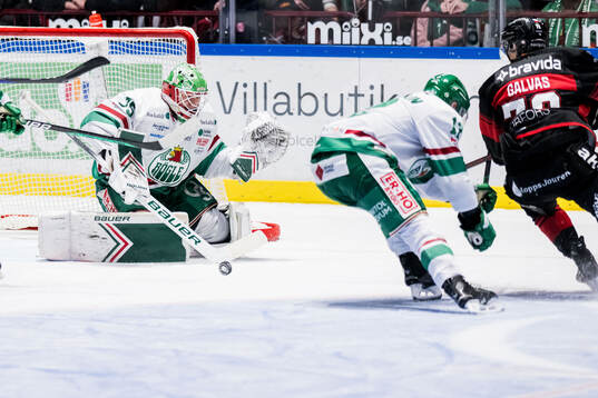 Malmö Redhawks Jakub Galvas och Rögles målvakt Arvid Holm