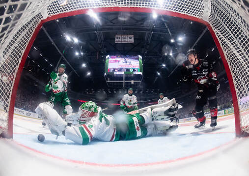 Rögles målvakt Arvid Holm deppar och Malmö Redhawks