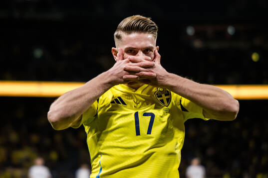 Viktor Gyökeres of Sweden celebrates scoring 1-0