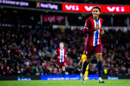 Antonio Nusa of Norway celebrates scoring 5-0