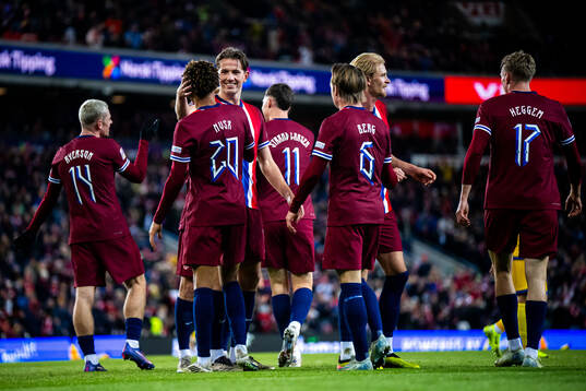 Antonio Nusa of Norway celebrates scoring 5-0