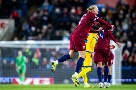 Erling Braut Haaland and Antonio Nusa of Norway celebrates
