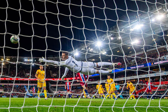 Antonio Nusa of Norway scores the 5-0 goal behind