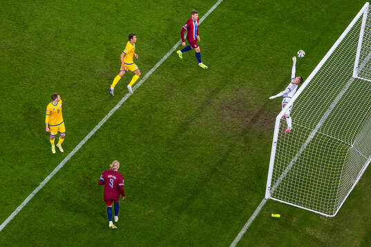 Erling Braut Haaland of Norway scores the 2-0 goal behind