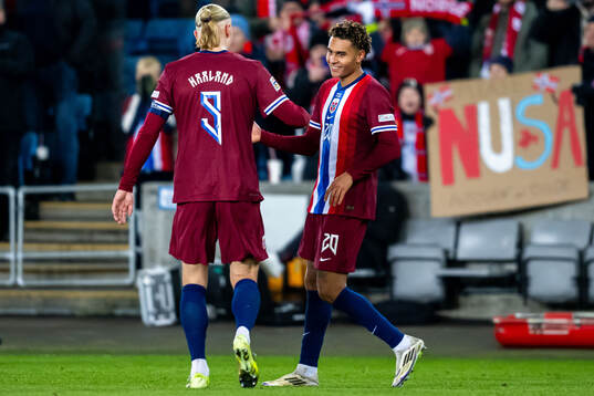 Antonio Nusa of Norway celebrates scoring 5-0