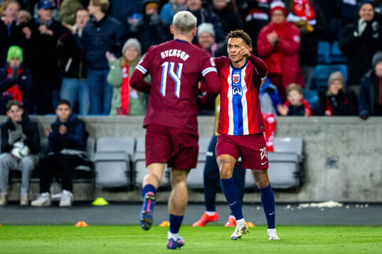 Antonio Nusa of Norway celebrates scoring 5-0